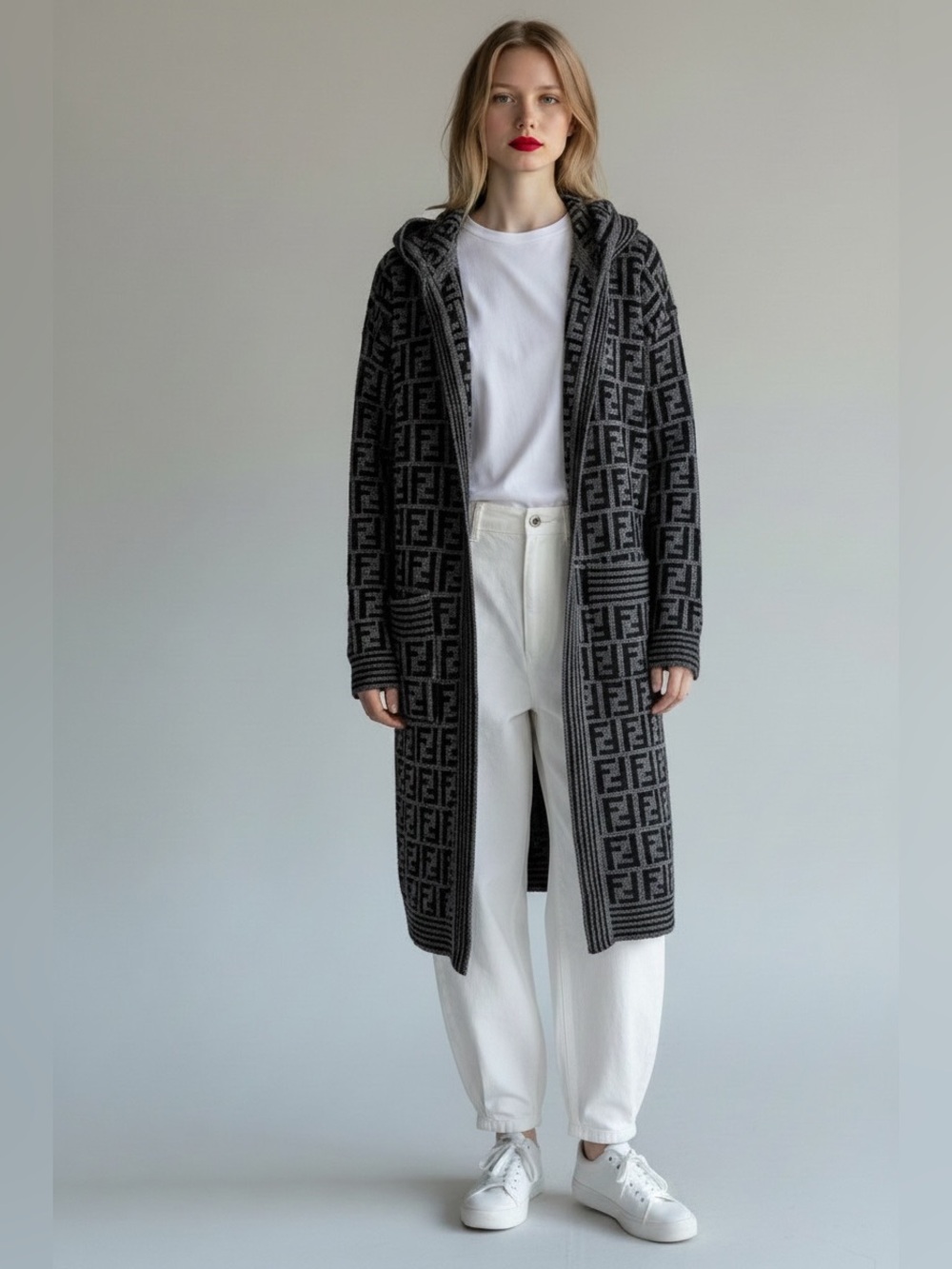 Fendi Navy and Grey FF Logo Long Hooded Cardigan